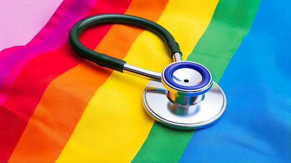 A stethoscope alongside a Rainbow Pride flag, symbolizing healthcare and mental health support for the transgender and LGBTQ+ community.